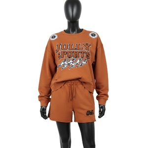Ensemble sweat-shirt et short pour femme en coton polyester GSM épais, orange brûlé, avec logo brodé - Product Image 1