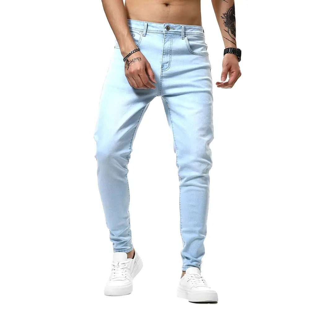 Hoge Kwaliteit Zakelijke Comfortabele Rechte Pijpen Broek Mannen Jeans Casual Denim Stof Jeans Broek Voor Mannen Custom Light Sky Geverfd