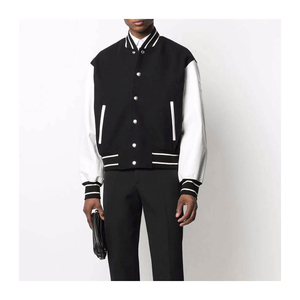 <b>Men's</b> Black <b>White</b> Varsity <b>Jacket</b> Knitted Wool Acrylic Preppy Style Turn-down Collar Regular Fit Autumn Wear - Product Image 3