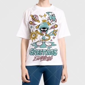 T-shirt blanc à col rond pour femme, imprimé dessin animé, coupe classique, décontracté, 100 % coton biologique, manches courtes, tissu jersey, écologique - Product Image 4