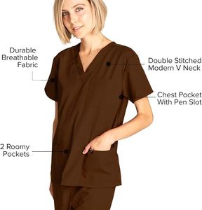 Blouse d'hôpital pour femmes, en coton et polyester tissé, à manches courtes, col en V, couleur marron, pour les professionnels de la santé - Product Image 3