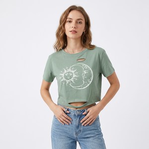 Women's <b>Green</b> <b>Crop</b> <b>Top</b> With Sun And Moon Print O-Neck Short Sleeve Casual Loose Fit Jersey T-Shirt Spring Summer Style - Product Image 4