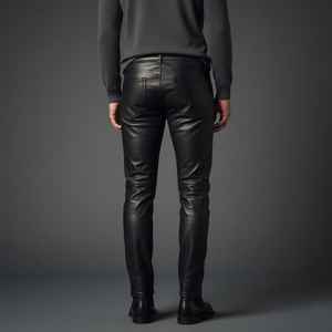 Pantalones de cuero marrón para hombre, pantalones de cuero auténtico de corte ajustado, ropa informal de calle - Product Image 6