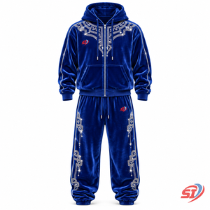 Conjunto de Sudadera con Capucha y Pantalones de Terciopelo Velour OEM Cobalt Dynasty Glow con Pedrería de Cristal, 95% Algodón, 5% Elastano, Premium - Product Image 1