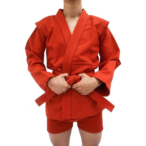 Men's <b>Red</b> Sambo Suit Martial Arts Uniform Jacket with <b>Belt</b> and Shorts Set - Product Image 2