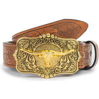 Cinturón de Cuero Vaquero para Hombre, Duradero y Versátil, de Cuero Flor Entera, con Hebilla de Latón con Diseño de Cuerno de Toro, Cinturón de Cuero Repujado