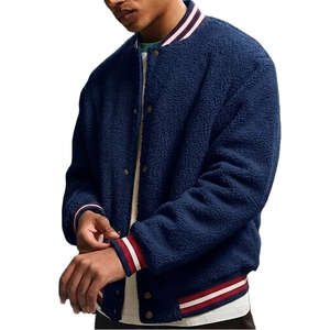 Men's White <b>Fleece</b> Varsity <b>Jacket</b> With Striped Trim Turn-down Collar Casual Winter Coat <b>Thick</b> Sherpa Lining Regular Fit - Product Image 2