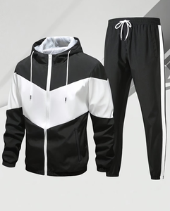 Men's Hooded Color-Blocking Sporty Jacket Set Black White Quick Dry Breathable Knitted 100% Polyester Autumn Wear Outfit Set - Product Image 1