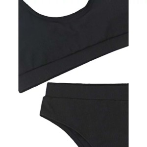 Women's One-piece Solid Black Bandeau Top & <b>Thong</b> Bottom Spandex/Polyester Swimwear Stretch Knitted Waterproof Quick Dry - Product Image 3