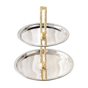<b>Two</b> <b>Tier</b> Round Stainless Steel <b>Cake</b> <b>Stand</b> With Gold Metal Frame Hand Wash Only Home Decor Wedding And Party Decoration - Product Image 1