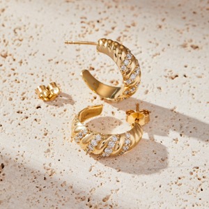 14K <b>Gold</b> Lab Grown Diamond <b>Huggie</b> Hoop Earrings Round Brilliant Cut 0.8 Carat IGI Certified Elegant Twist Design - Product Image 2