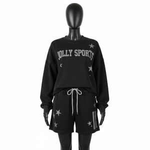 Conjunto de Sudadera y Pantalones Cortos de Felpa de Algodón Negro de 320 GSM para Mujer, con Logotipo de Diamantes de Imitación, Ropa Urbana Personalizada - Product Image 1