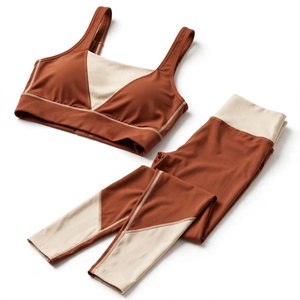 Ensemble de yoga 2 pièces pour femme : Soutien-gorge de sport dos nageur à col carré et Legging taille haute longueur intégrale, sans couture, avec blocs de couleur et bordures contrastées - Product Image 5