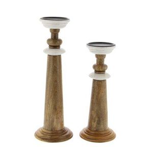 Supports de bougies en bois de style ferme moderne avec accents métalliques finition étain - Ensemble de 3 supports sculpturaux à niveaux pour bougies pilier en bois - Product Image 2