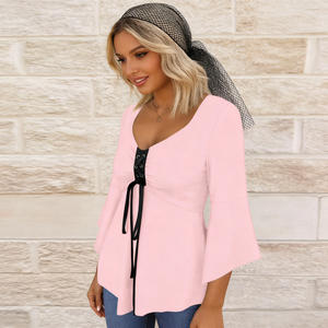 Vente flash sur Temu : Blouse femme tendance à manches évasées, col en V, détail lacé, ourlet asymétrique, tunique ample pour soirée - Product Image 4