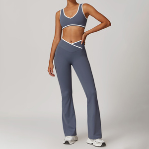Ensembles de yoga pour adultes, 2 pièces, écologiques, pour filles, avec taille croisée, effet push-up, pour l'entraînement, la gym, le fitness et le yoga, motif uni, vente en gros - Product Image 2