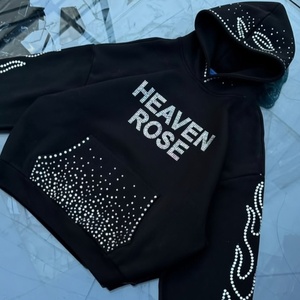 Sweat-shirt à capuche court surdimensionné OEM avec strass, logo personnalisé, manches flamboyantes en cristal, style streetwear, vente en gros, mode féminine - Product Image 6