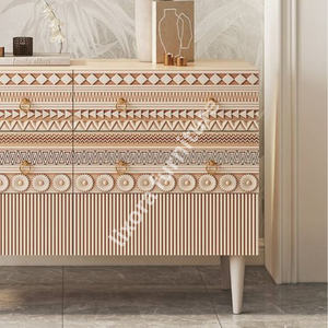 Luxury Handcrafted Solid Wood 6 Drawer Dresser Ornate Tribal Geometric Carving Natural Oak Finish - Product Image 4