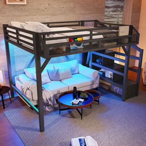 Letto a soppalco interamente in metallo con luci LED e porte USB, armadio integrato silenzioso e scale contenitive per dormitorio - Product Image 3
