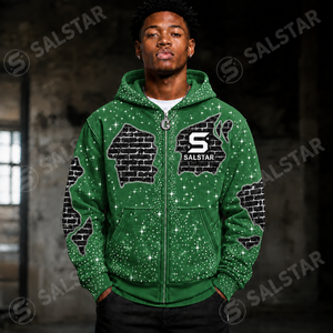 Sudadera con capucha verde con cremallera y pedrería personalizada para hombre – Sudadera premium estilo streetwear con estampado gráfico y logotipo personalizado - Product Image 1