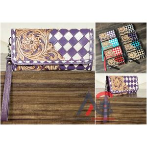 Nouvelle Pochette Femme Artisanale en Cuir de Vachette 2026 avec Dragonne, Motif Floral Sculpté Style Western, à Carreaux, pour Femme - Product Image 1