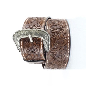 Ceinture en cuir pleine fleur marron de style western, unisexe, sculptée et peinte à la main, avec boucle en laiton gravée de motifs floraux. - Product Image 1