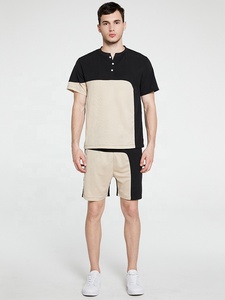 Ensemble de survêtement décontracté pour homme, col Henley, été, patchwork, blocs de couleur, respirant, 100% coton, tenue de sport, vêtements de plage - Product Image 2