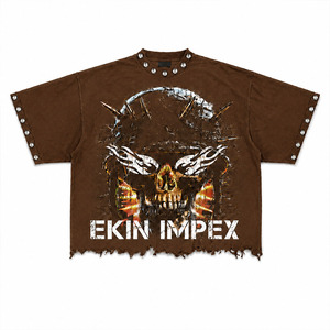 Men's Oversized Brown Casual Shirt Short Sleeve Stand Collar Distressed Hem Studs Detail Summer Style - Product Image 1