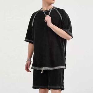 2025 nouveau été Hip Hop hommes t-shirt ensemble 2 pièces logo personnalisé Vintage court t-shirt ensemble blanc coton Shorts ensemble hommes - Product Image 4