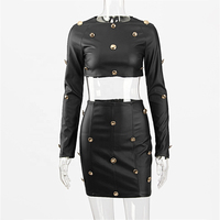 Ensemble deux pièces vintage brodé pour femme, en cuir uni, court, décontracté, à simple boutonnage, avec volants et empiècements, longueur genou