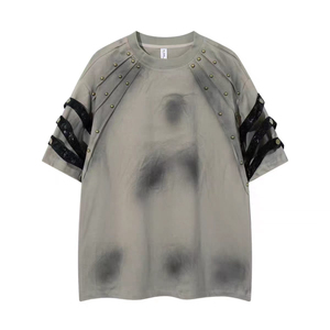 เสื้อยืดโอเวอร์ไซส์ผู้ชาย แขนสั้น คอกลม ผ้าถัก สไตล์สตรีท ปักลายลูกปัด  ดีไซน์สีพื้นแบบกำหนดเองได้ - Product Image 6