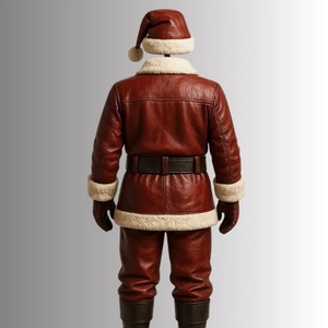 Unisex Red Genuine Leather Santa Claus <b>Costume</b> Jacket <b>Sheep</b> Fur Trim Belted Full Sleeve Winter Outerwear <b>Adult</b> Size In-Stock - Product Image 2