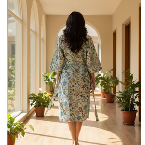 Peignoir kimono gris à fleurs en coton pour femme, manches longues, léger, avec ceinture, idéal pour la détente et le spa - Product Image 5