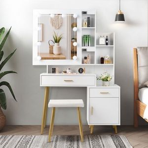 2-Drawer 1-Door 2-Shelf Mirror Cabinet with 3-Light Bulbs Particleboard Triamine Veneer White <b>Dressing</b> Table Set Makeup Vanities - Product Image 5