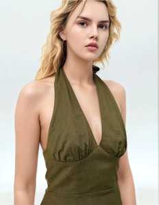 Elegant V-Neck <b>Spaghetti</b> <b>Strap</b> Maxi Dress Olive Green Linen Eco-Friendly Plain Dyed Washable Loose Fit All Seasons Party Dress - Product Image 3