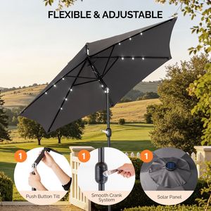 Ombrellone da Patio Solare a LED da 2,7 m con Manovella Inclinabile a Pulsante, 6 Stecche, in Poliestere Impermeabile per Cortile, Palestra, Esterni, Mercato - Product Image 3
