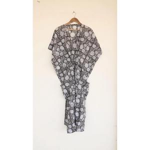 Vestido Kaftan Gris con Estampado de Bloques para Mujer, Cuello en V, Estilo Boho, Algodón, Cómodo, Holgado, Vestido Largo de Verano - Product Image 1