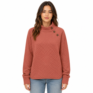Wholesale <b>Quilted</b> Women Sweatshirts Asymmetrical Button Mock Neck Cotton Blend Casual Pullover Custom Logo Hoodies OEM ODM - Product Image 1