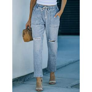 2025 femmes bleu clair taille haute élastique cordon Joggers crayon pantalon avec respirant déchiré Cargo Design taille 4 - Product Image 6