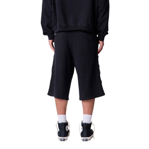 Shorts amples en molleton noir pour homme, coupe 3/4, taille élastique, imprimé graphique latéral, style streetwear décontracté, vente en gros OEM - Product Image 2