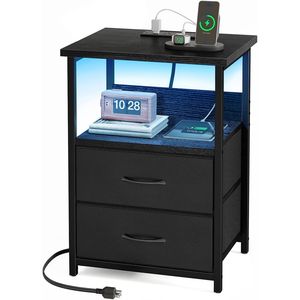 LED Nightstand with USB Ports Outlets and 2 Fabric Storage Drawers <b>Night</b> <b>Stand</b> with Charging Station PU Finish - Product Image 1