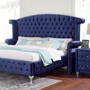 Elegante Testiera per Letto Queen Size Blu con Schienale a Ala e Rivestimento in Tessuto Simil-Velluto Trapuntato, Arredamento per Camera da Letto - Product Image 2