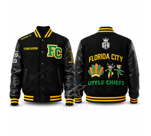 เสื้อแจ็คเก็ตวาร์ซิตี้ Florida City Little Chiefs สำหรับผู้ชาย สีดำ หนัง PU ปักลายแบบ Preppy สไตล์วิทยาลัย ฟุตบอล - Product Image 1
