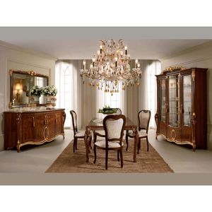 Juego de Comedor Moderno de Madera de Teca Sólida, Ecológico, Duradero y de Lujo, con 6 Sillas Metálicas Plateadas y Mesa con Espejo, para Villa, Mansión u Hogar - Product Image 1