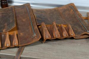 Leather Knife <b>Roll</b> Storage <b>Bag</b> With Zipper Closure Vintage Style Durable <b>Tool</b> Organizer For Chef <b>Tools</b> - Product Image 1