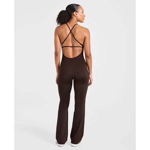 Brown Seamless Yoga <b>Jumpsuit</b> High Waist Spaghetti Strap Full Length Solid Color Breathable Women's <b>Workout</b> Wear - Product Image 2