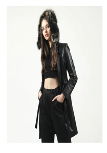 Women's Black Genuine <b>Leather</b> Moto <b>Jacket</b> With Fur Trim Hood Zipper Closure <b>Long</b> Sleeve Winter Style - Product Image 5