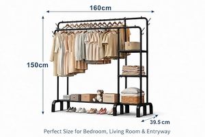 Porte-vêtements minimaliste en métal sur pied avec rangement à trois niveaux pour armoire, design multifonctionnel - Product Image 5