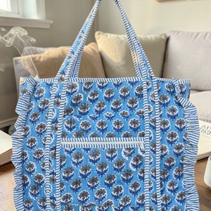 Sac fourre-tout en tissu à motif floral bleu, grande taille, fermeture éclair, poignée longue, sac de shopping, usage quotidien - Product Image 3