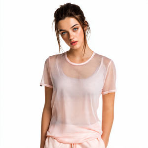 T-shirt transparent à col rond pour femme, T-shirts en maille légère à séchage rapide pour femme, T-shirt transparent léger pour femme - Product Image 4
